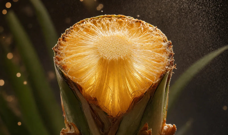 Sezione trasversale di un gambo di ananas illuminata in controluce, con le fibre visibili