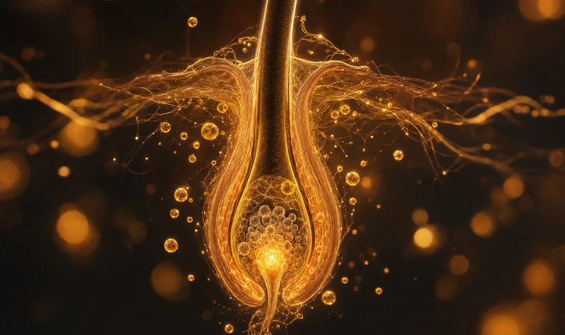 Sezione di un follicolo pilifero illuminato, con sfere di nutrienti ambrate in sospensione