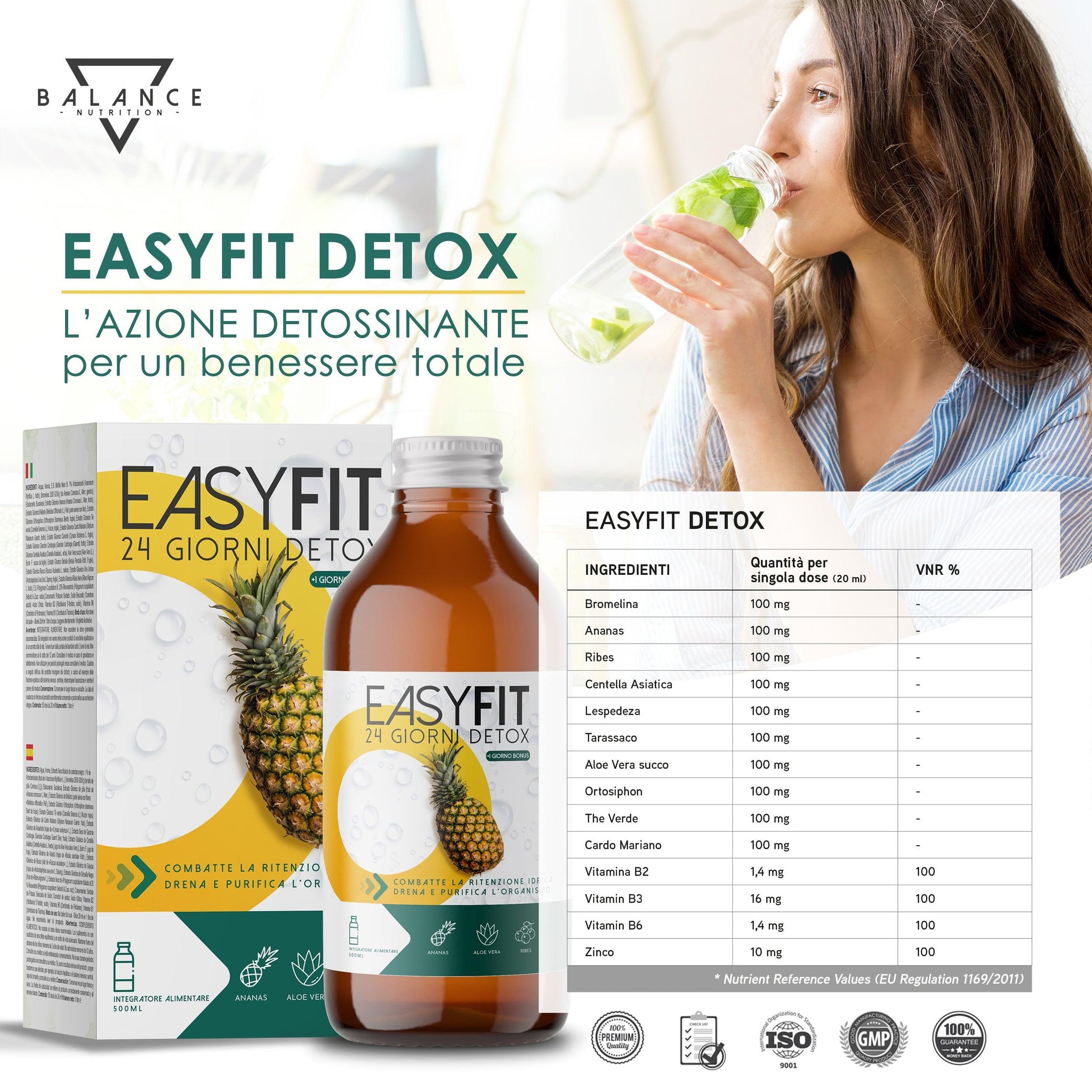 EasyFit® Detox - 500 ML| Drenante Forte Dimagrante | Bromelina Forte Drenante | Formula Detox, Diuretico con Bromelina, Succo di Aloe, Centella Asiatica, Orthosiphon e Vitamine | Made in Italy - Balance Nutrition