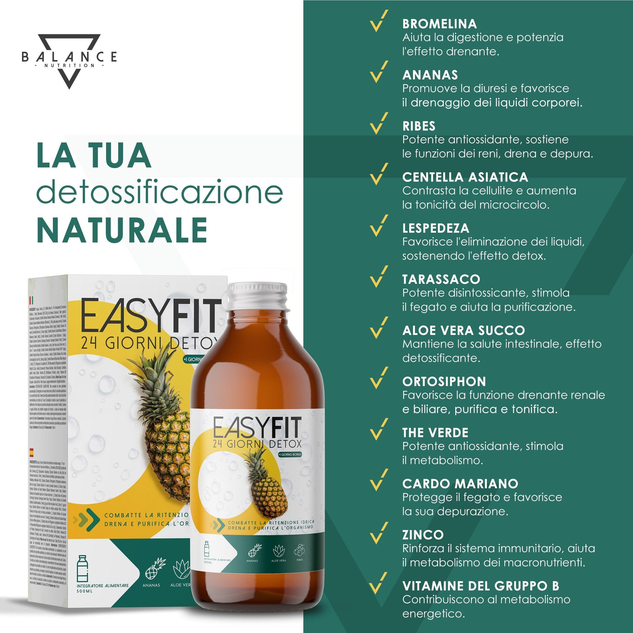 EasyFit® Detox - 500 ML| Drenante Forte Dimagrante | Bromelina Forte Drenante | Formula Detox, Diuretico con Bromelina, Succo di Aloe, Centella Asiatica, Orthosiphon e Vitamine | Made in Italy - Balance Nutrition