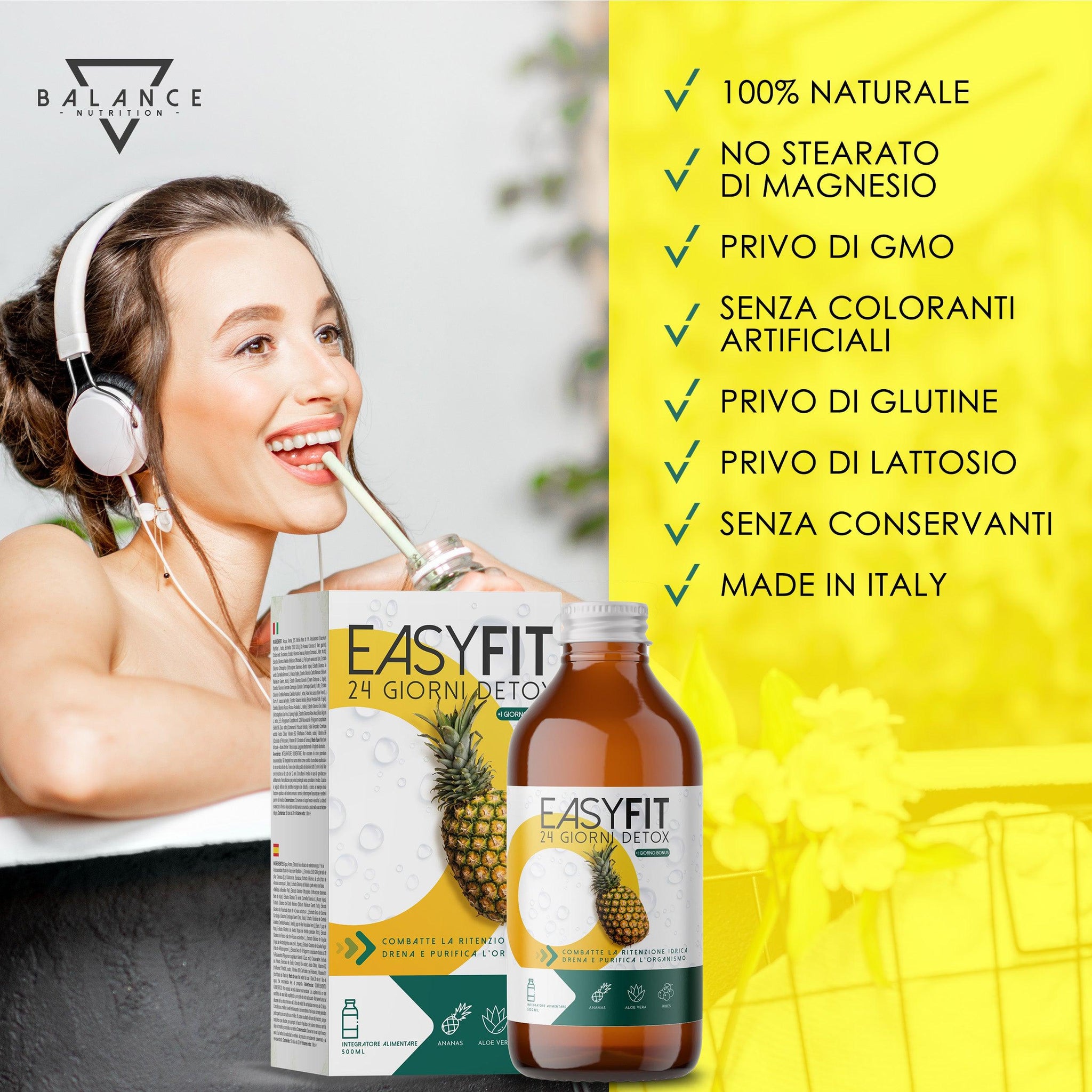 EasyFit® Detox - 500 ML| Drenante Forte Dimagrante | Bromelina Forte Drenante | Formula Detox, Diuretico con Bromelina, Succo di Aloe, Centella Asiatica, Orthosiphon e Vitamine | Made in Italy - Balance Nutrition