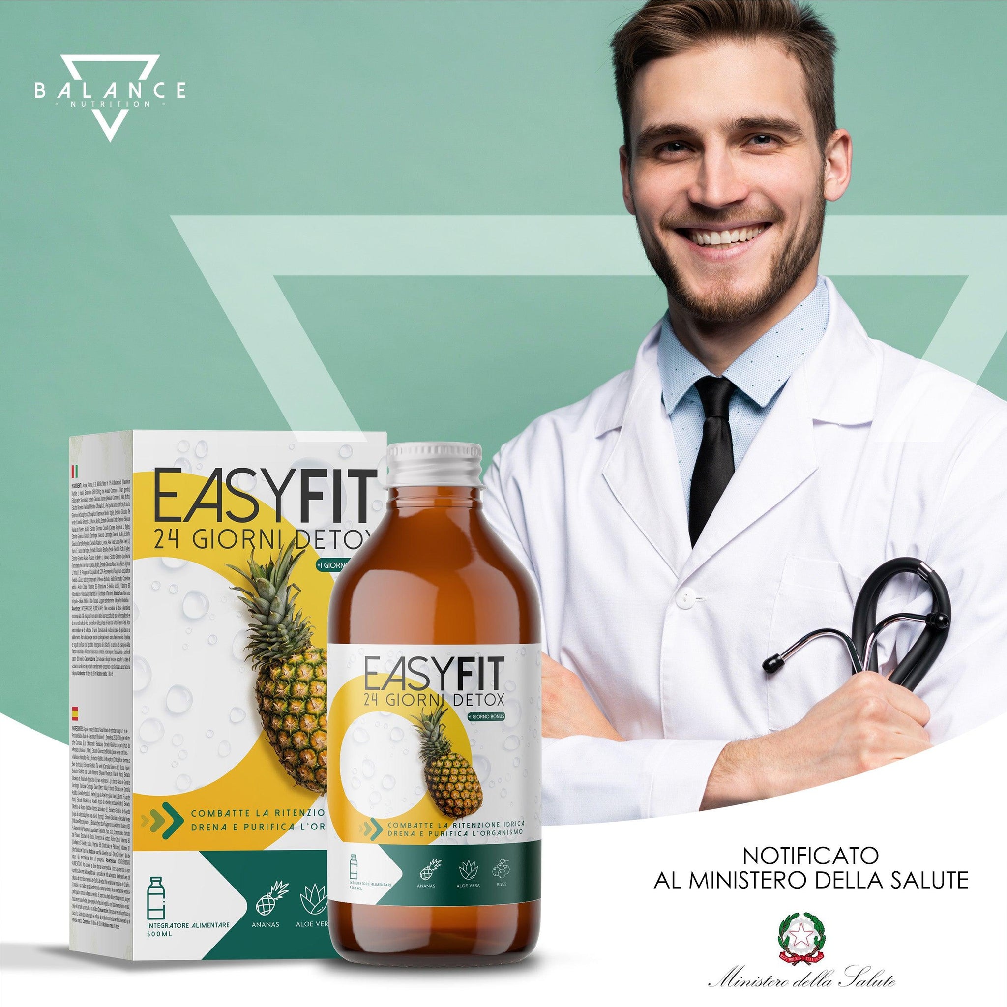 EasyFit® Detox - 500 ML| Drenante Forte Dimagrante | Bromelina Forte Drenante | Formula Detox, Diuretico con Bromelina, Succo di Aloe, Centella Asiatica, Orthosiphon e Vitamine | Made in Italy - Balance Nutrition