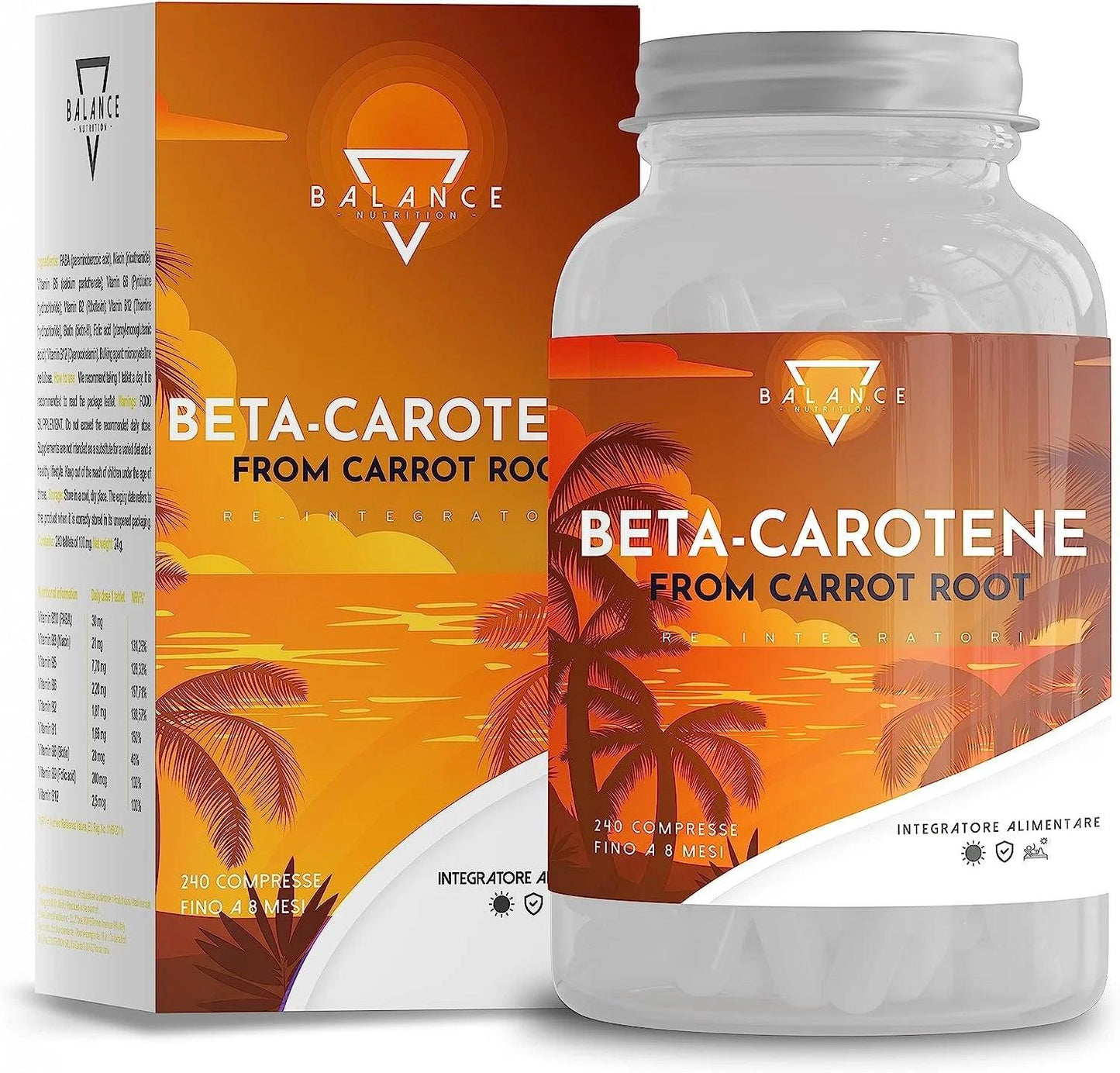 BETACAROTENE ABBRONZATURA Forte - 240 COMPRESSE (Scorta 8 mesi) | da Estratto di Carota | Integratore Melanina Naturale - Balance Nutrition