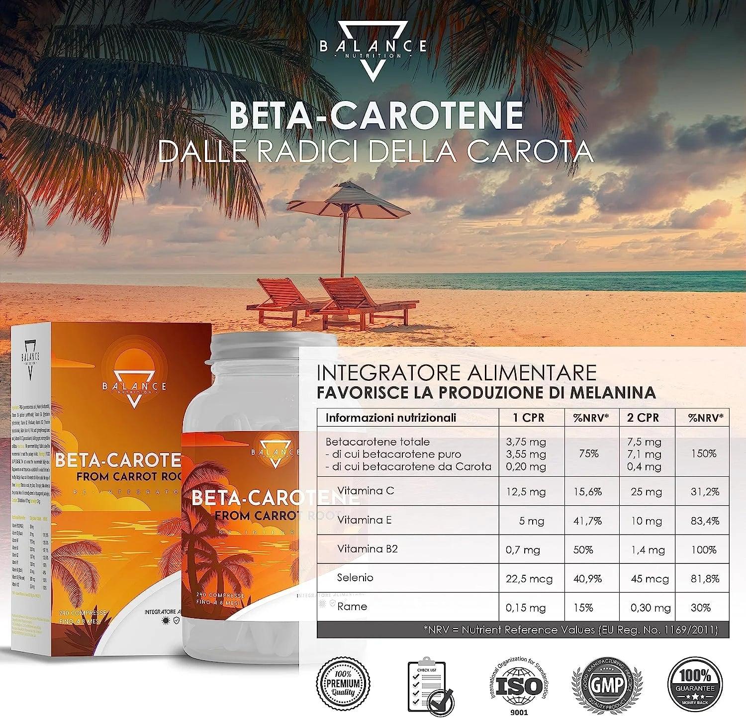 BETACAROTENE ABBRONZATURA Forte - 240 COMPRESSE (Scorta 8 mesi) | da Estratto di Carota | Integratore Melanina Naturale - Balance Nutrition