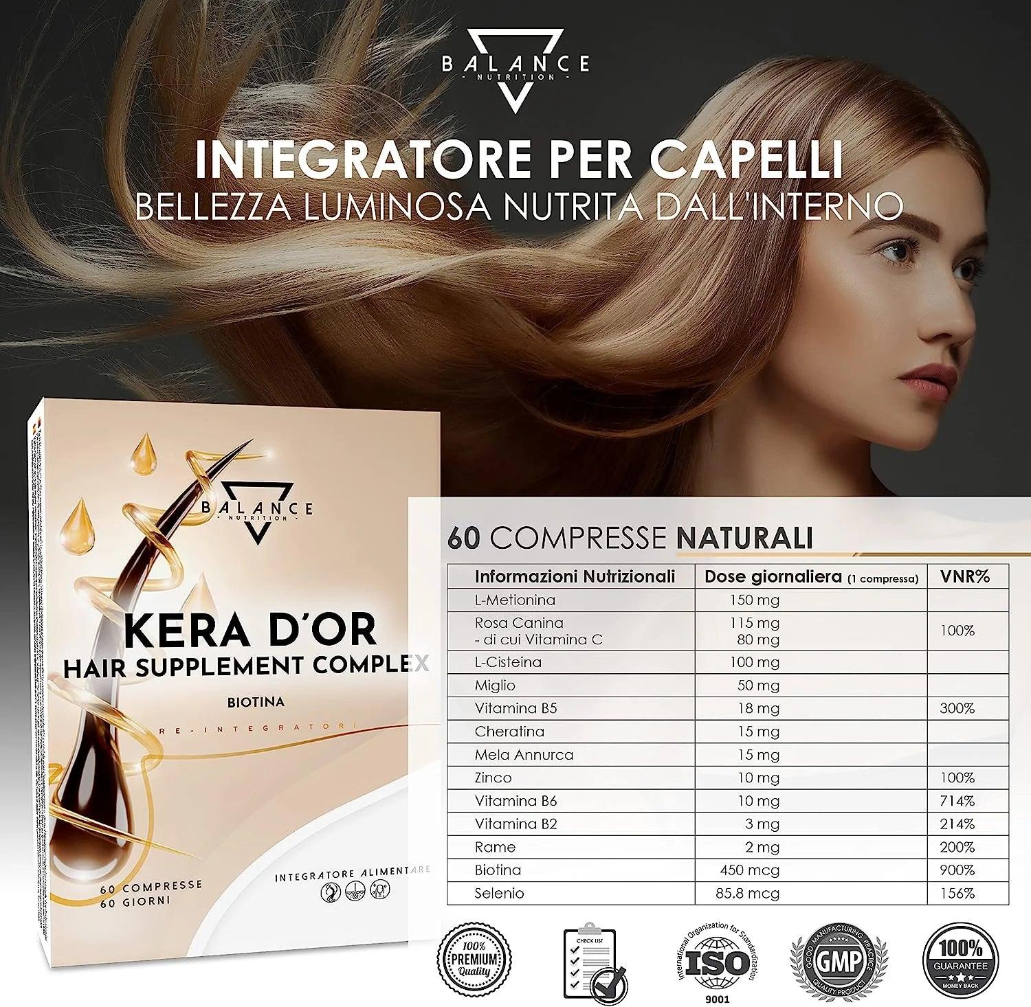 KERA D'OR® - 60 TABLETAS | Suplemento | Vitaminas para el cabello | 13 ingredientes activos que incluyen: biotina, queratina, zinc, mijo, manzana Annurca, metionina y cisteína, selenio.