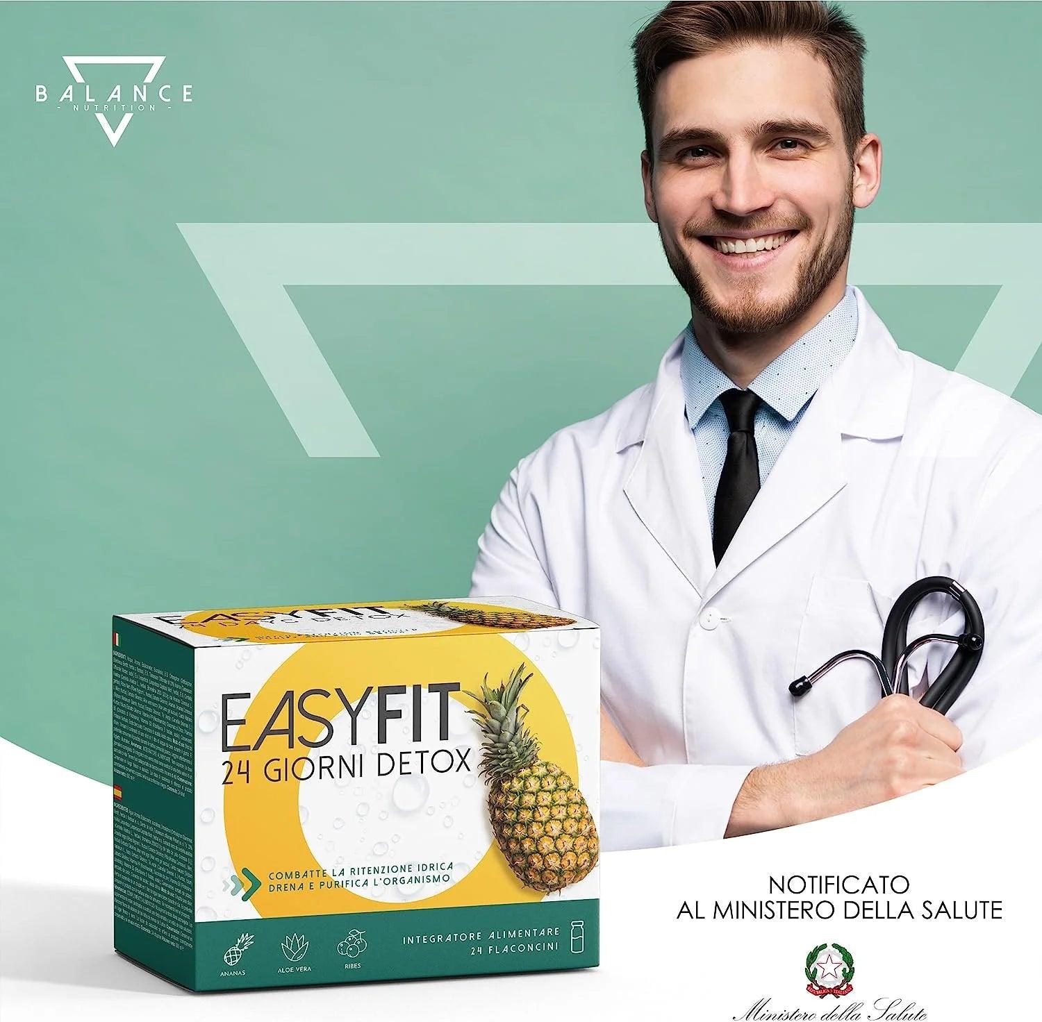 EasyFit® Detox - 24 Flaconcini | Drenante Forte Dimagrante | Bromelina Forte Drenante | Formula Detox, Diuretico con Bromelina, Succo di Aloe, Centella Asiatica, Orthosiphon e Vitamine - Balance Nutrition