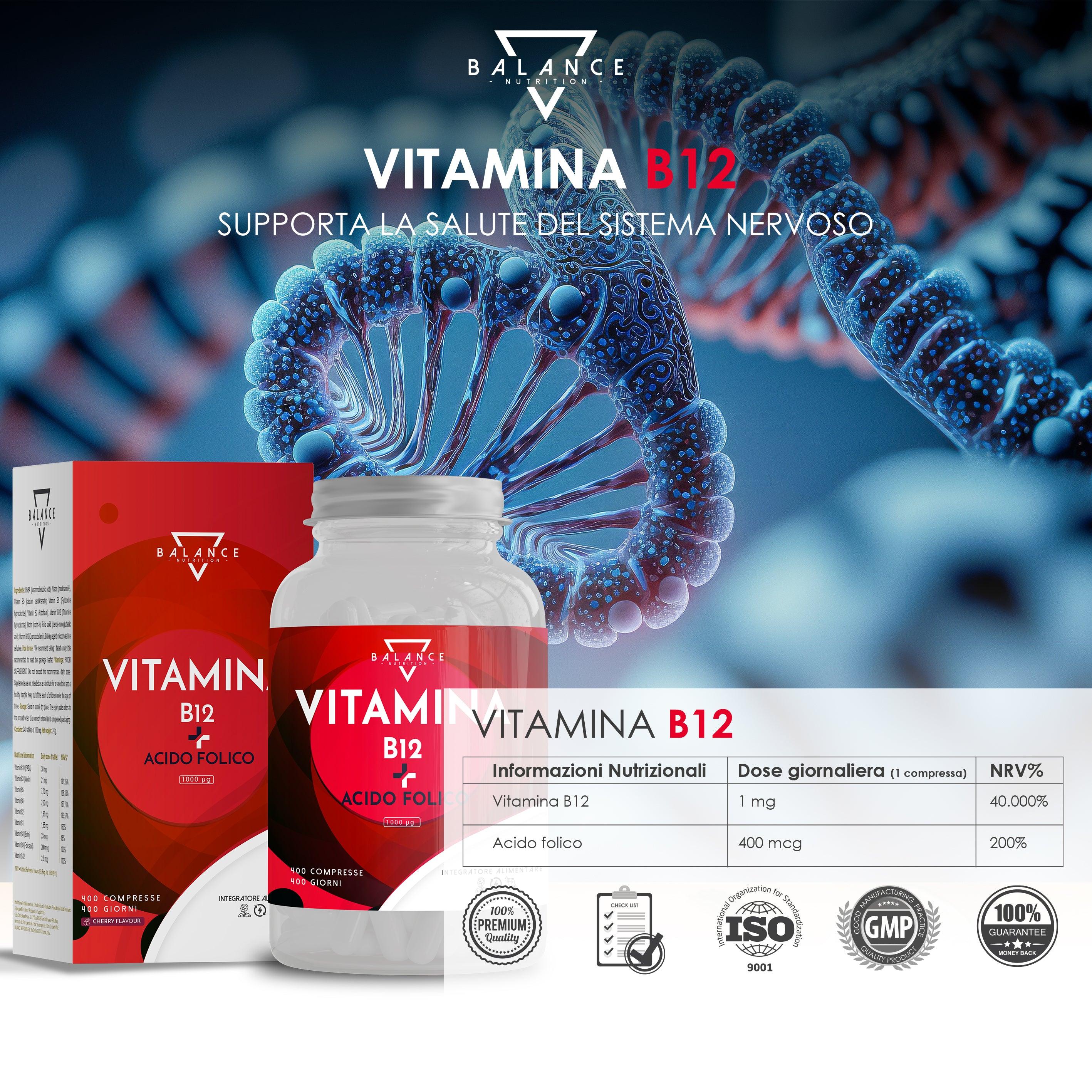 VITAMINA B12 E ACIDO FOLICO - Integratore Alimentare per ridurre stanchezza, supporto in gravidanza e rinforzo del Sistema Immunitario - Balance Nutrition