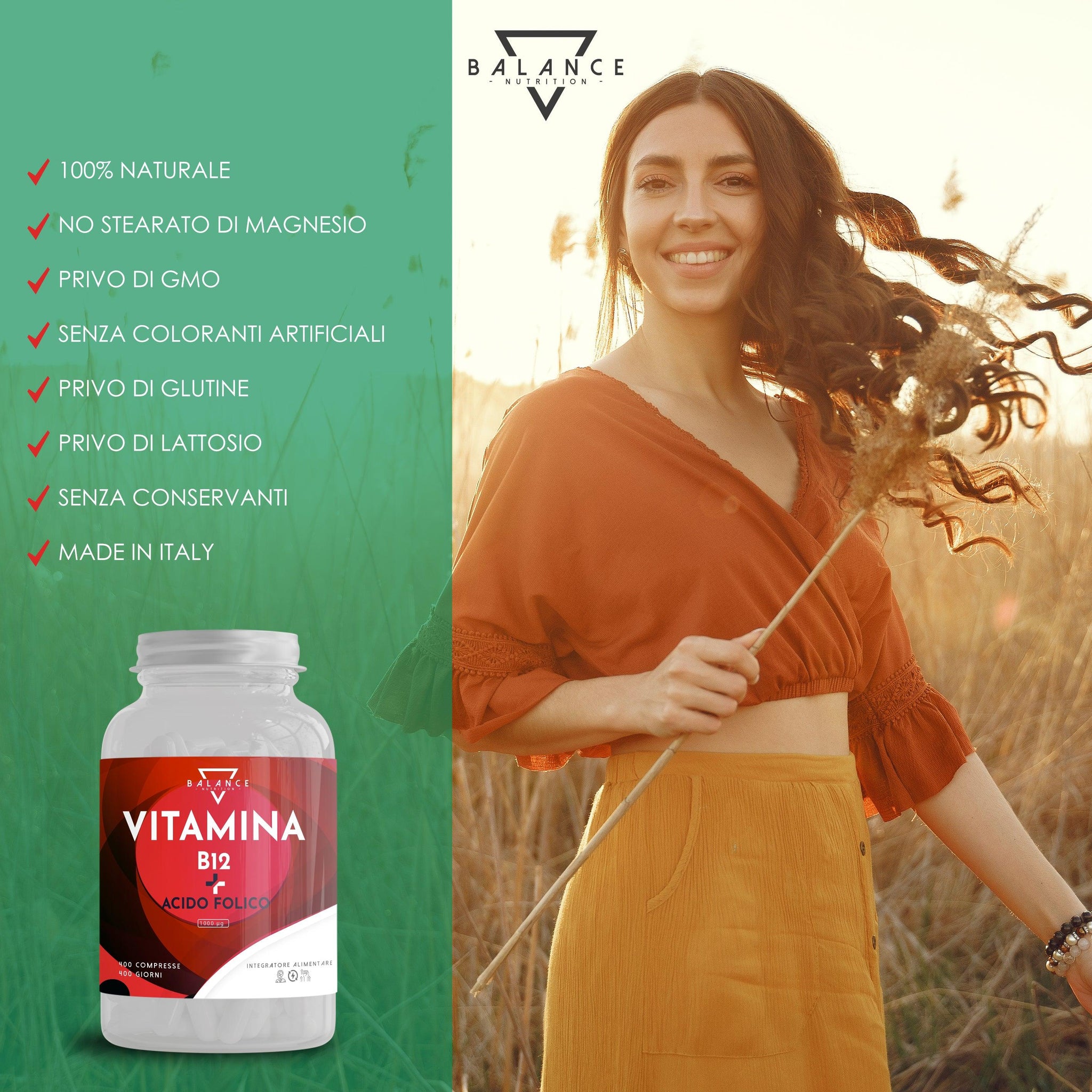 VITAMINA B12 E ACIDO FOLICO - Integratore Alimentare per ridurre stanchezza, supporto in gravidanza e rinforzo del Sistema Immunitario - Balance Nutrition
