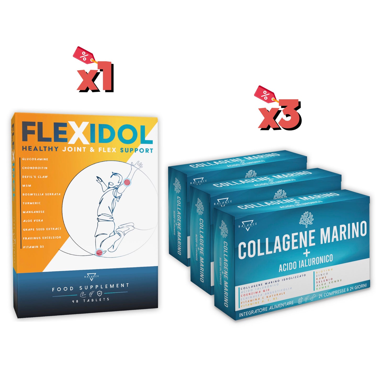 
                  
                    🔵 1 Flexidol + 3 Collagene Marino 24
                  
                