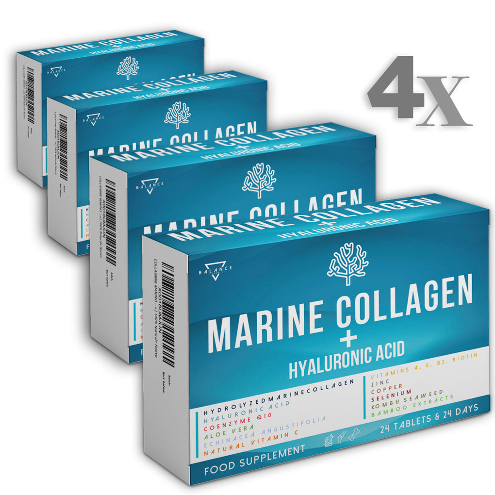 COLLAGENE MARINO CON ACIDO IALURONICO™ X4 - Set risparmio: 4 confezioni -Integratore alimentare per il benessere di Pelle, Articolazioni e Ossa